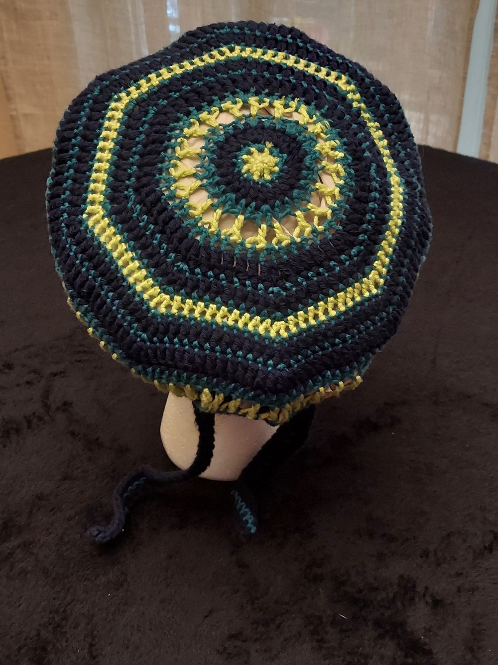 Crochet Bonnet Style Hat/Scrub Cap/Hair Cocering In Navy, Teal & Yellow